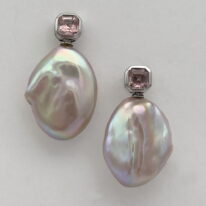 Baroque Pearl and Pink Tourmaline Earrings by Val Nunns at The Avenue Gallery, a contemporary fine art gallery in Victoria, BC, Canada.