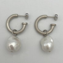 White Baroque Pearl & Rhodium-Plated Silver Hoop Earrings by Val Nunns at The Avenue Gallery, a contemporary fine art gallery in Victoria, BC, Canada.