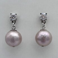 Pink Pearl & Lab Grown Diamond Earrings by Val Nunns at The Avenue Gallery, a contemporary fine art gallery in Victoria, BC, Canada.