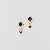Blue Sapphire, Diamond & Garnet Earrings by Bayot Heer at The Avenue Gallery, a contemporary fine art gallery in Victoria, BC, Canada.