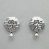 Woven Disc Earrings with Detachable Hematite and Pearls by Chi’s Creations at The Avenue Gallery, a contemporary fine art gallery in Victoria, BC, Canada.