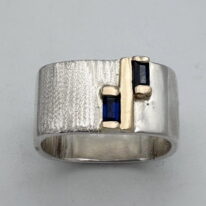 Large Square Ring with 14kt Gold Bar and Double Sapphire by Chi's Creations at The Avenue Gallery, a contemporary fine art gallery in Victoria, BC, Canada.