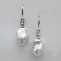 Baroque White Pearl & Ethiopian Opal Earrings by Val Nunns at The Avenue Gallery, a contemporary fine art gallery in Victoria, BC, Canada.