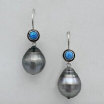 Tahitian Pearl Earrings with Blue Opals by Val Nunns at The Avenue Gallery, a contemporary fine art gallery in Victoria, BC, Canada.