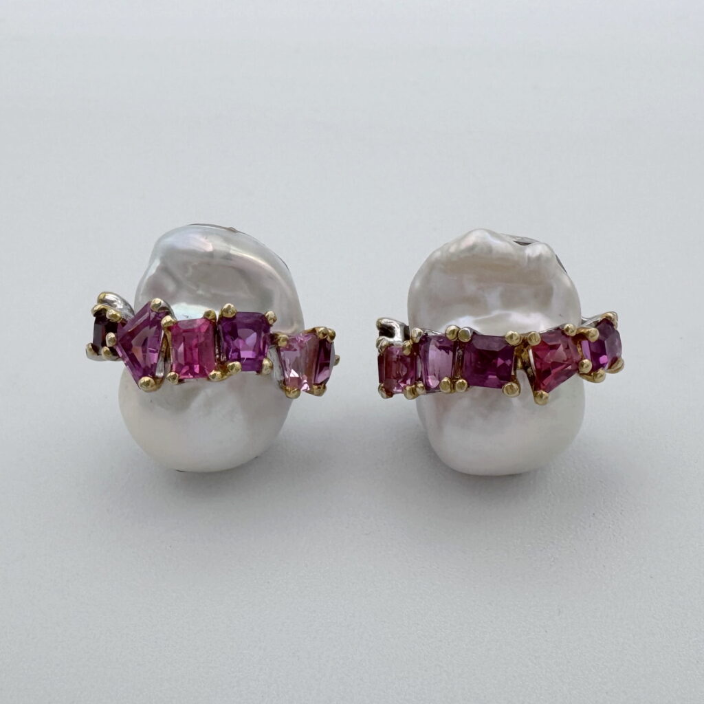 Baroque White Pearl & Tourmaline Earrings by Val Nunns at The Avenue Gallery, a contemporary fine art gallery in Victoria, BC, Canada.