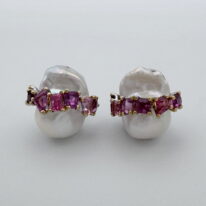 Baroque White Pearl & Tourmaline Earrings by Val Nunns at The Avenue Gallery, a contemporary fine art gallery in Victoria, BC, Canada.
