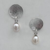 Balanced Scribbled Disc Dangle Earrings with White Pearls by Chi’s Creations at The Avenue Gallery, a contemporary fine art gallery in Victoria, BC, Canada.