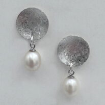 Balanced Scribbled Disc Dangle Earrings with White Pearls by Chi’s Creations at The Avenue Gallery, a contemporary fine art gallery in Victoria, BC, Canada.