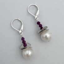 Acorn Double Silver Brushed Petals with White Pearl & Ruby Earrings by Chi's Creations at The Avenue Gallery, a contemporary fine art gallery in Victoria, BC, Canada.