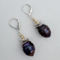 Acorn Double Silver Brushed Petals with Baroque Pearl & Gold-Fill Beads Earrings by Chi's Creations at The Avenue Gallery, a contemporary fine art gallery in Victoria, BC, Canada.