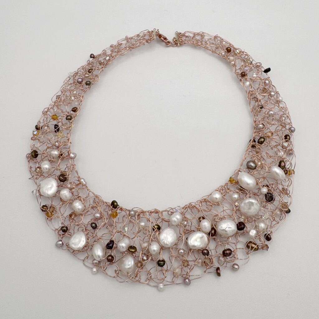 Rose Gold-Fill Knitted Collar with Freshwater Pearls & Swarovski Crystals by Veronica Stewart at The Avenue Gallery, a contemporary fine art gallery in Victoria, BC, Canada.