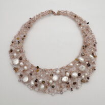 Rose Gold-Fill Knitted Collar with Freshwater Pearls & Swarovski Crystals by Veronica Stewart at The Avenue Gallery, a contemporary fine art gallery in Victoria, BC, Canada.