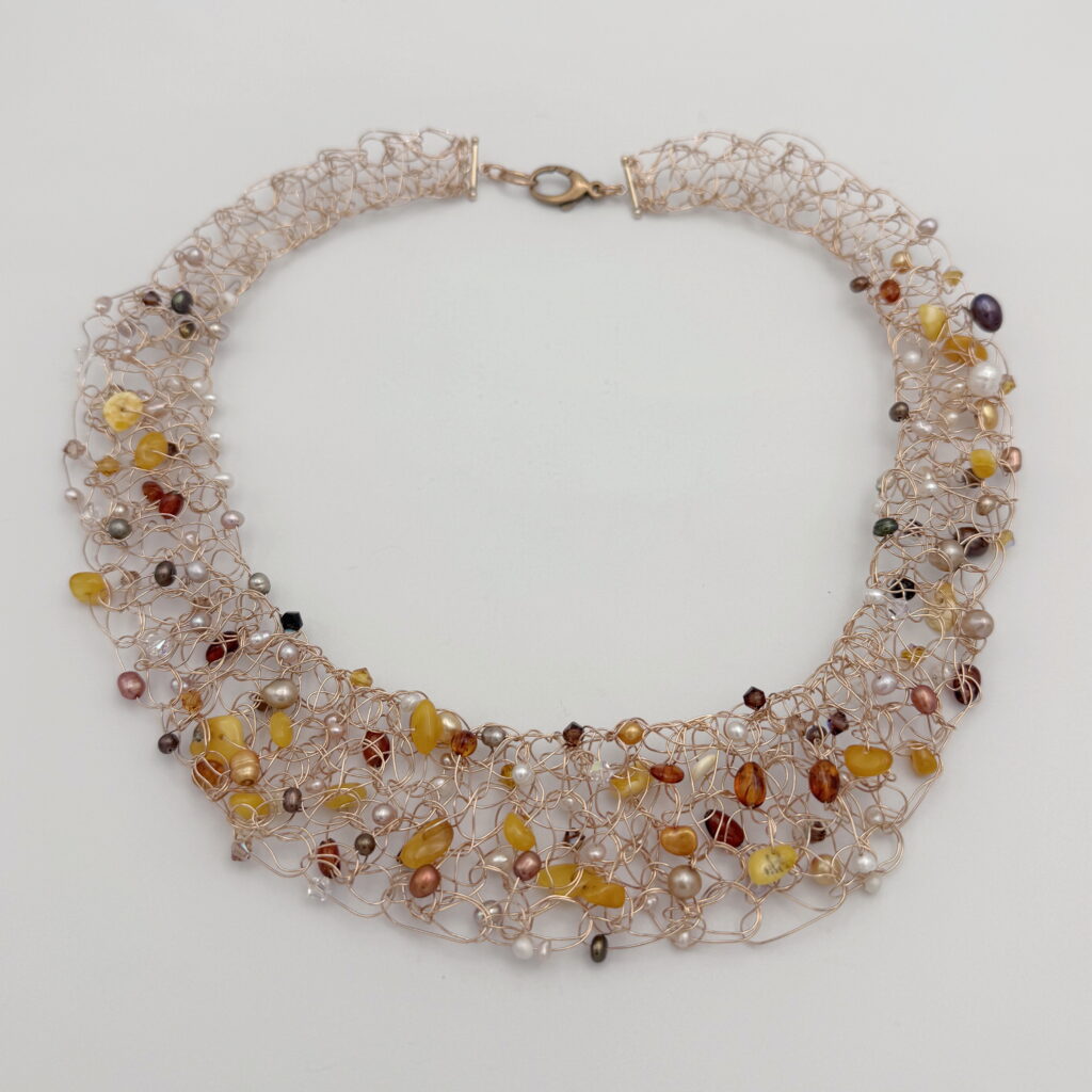 Bronze Wire Knitted Collar with Amber, Freshwater Pearls & Swarovski Crystals by Veronica Stewart at The Avenue Gallery, a contemporary fine art gallery in Victoria, BC, Canada.