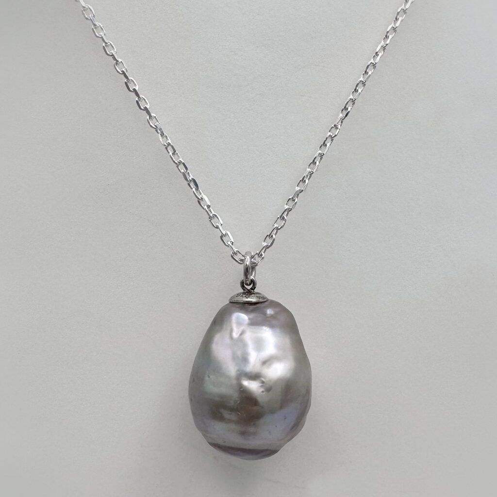 Large Baroque Silver/Grey Pearl on Sterling Silver Chain by Val Nunns at The Avenue Gallery, a contemporary fine art gallery in Victoria, BC, Canada.