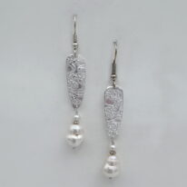 Fine Silver Medium Textured Shield Earrings with Freshwater Pearls by Veronica Stewart at The Avenue Gallery, a contemporary fine art gallery in Victoria, BC, Canada.
