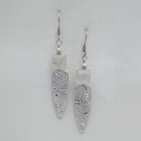 Fine Silver Large Shield Textured Earrings with Moonstones & Pearls by Veronica Stewart at The Avenue Gallery, a contemporary fine art gallery in Victoria, BC, Canada.