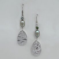 Fine Silver Medium Teardrop Textured Earrings with Green Pearls by Veronica Stewart at The Avenue Gallery, a contemporary fine art gallery in Victoria, BC, Canada.